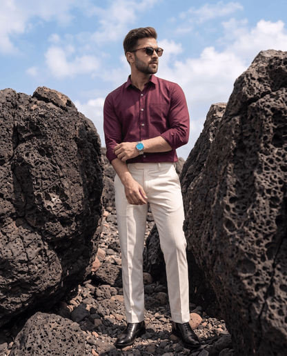 Burgundy Wine MattMini Textured Cotton Tencel Shirt For Men - Punekar Cotton
