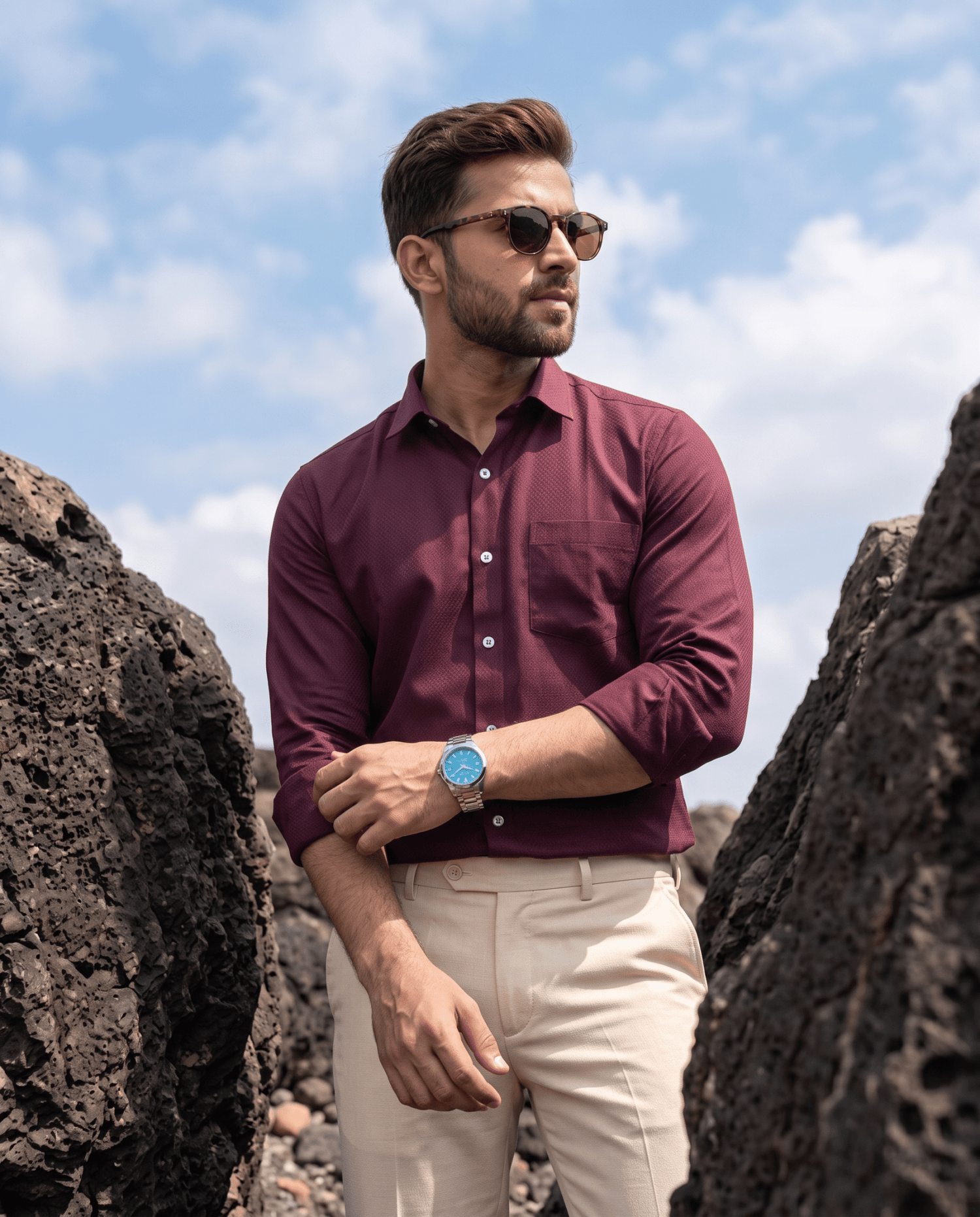Burgundy Wine MattMini Textured Cotton Tencel Shirt For Men - Punekar Cotton
