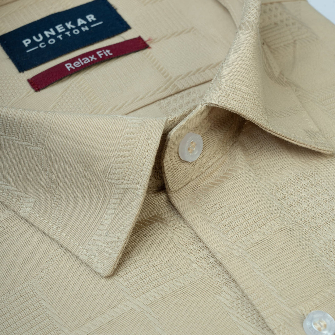 Cream Colour Geometric Jacquard Texture Shirt for Men - Punekar Cotton