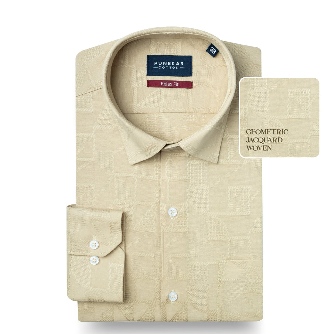 Cream Colour Geometric Jacquard Texture Shirt for Men - Punekar Cotton
