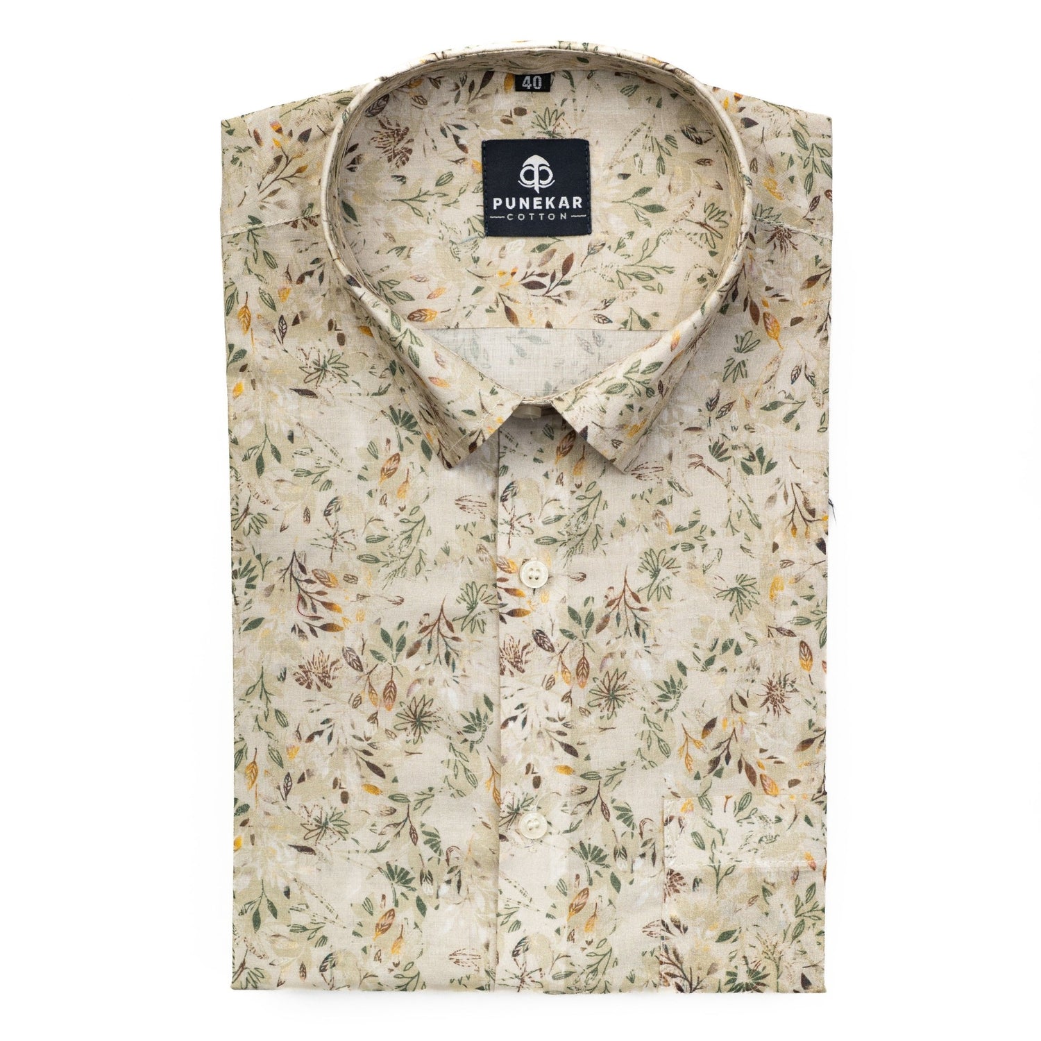 Cream Leaf Printed Wool Cotton Shirt For Men - Punekar Cotton