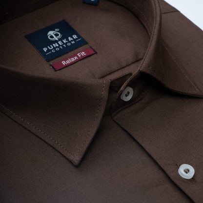 Dark Brown Color Solid Cotton Linen Shirt For Men - Punekar Cotton