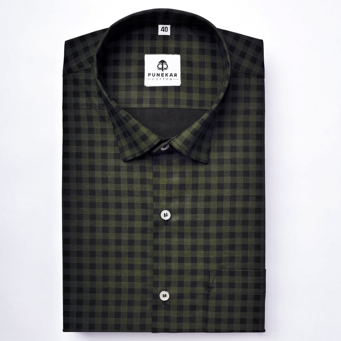 Dark Green Color Buffalo Checks Cotton Shirt For Men - Punekar Cotton