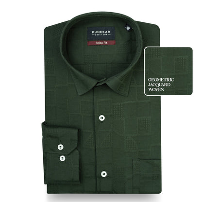 Dark Green Colour Geometric Jacquard Texture Shirt for Men - Punekar Cotton