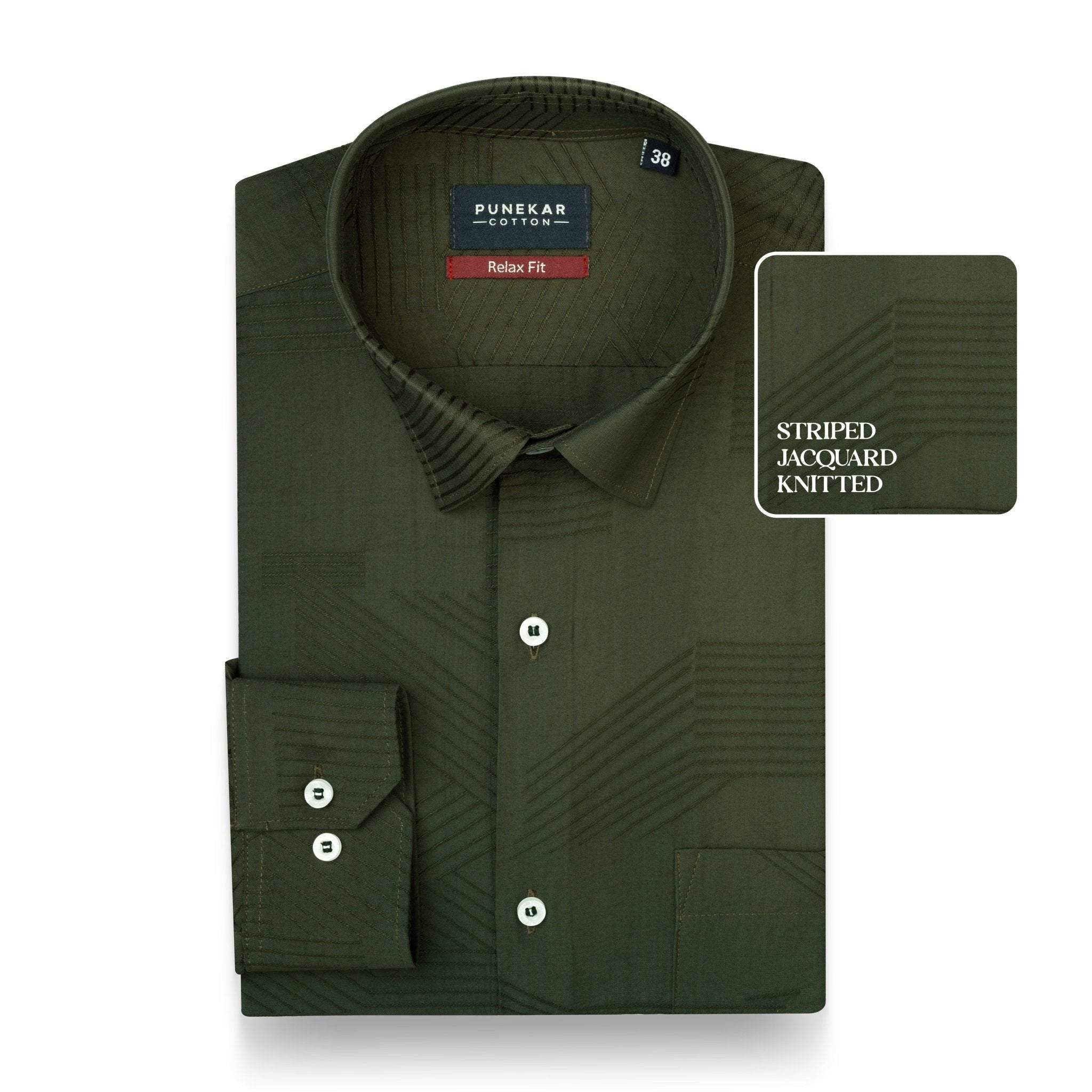 Deep Green Colour Textured Stripe Jacquard Shirt for Men - Punekar Cotton