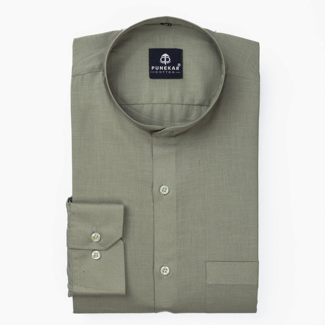 Grey Color Band Collar Solid Shirt For Men - Punekar Cotton