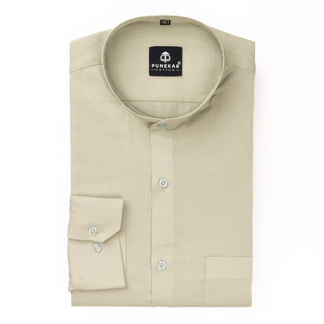 Ivory Color Band Collar Solid Shirt For Men - Punekar Cotton