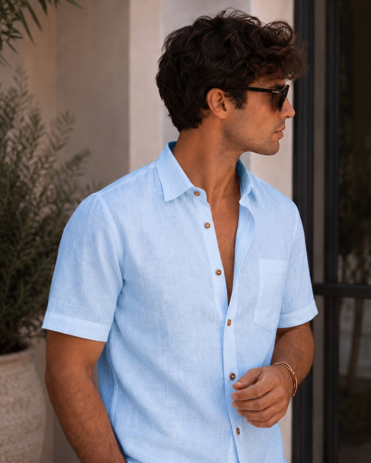 Light Blue Color Linen Formal Half Sleeves Shirt For Men - Punekar Cotton