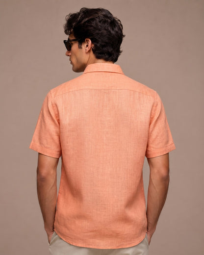 Light Orange Color Linen Formal Half Sleeves Shirt For Men - Punekar Cotton