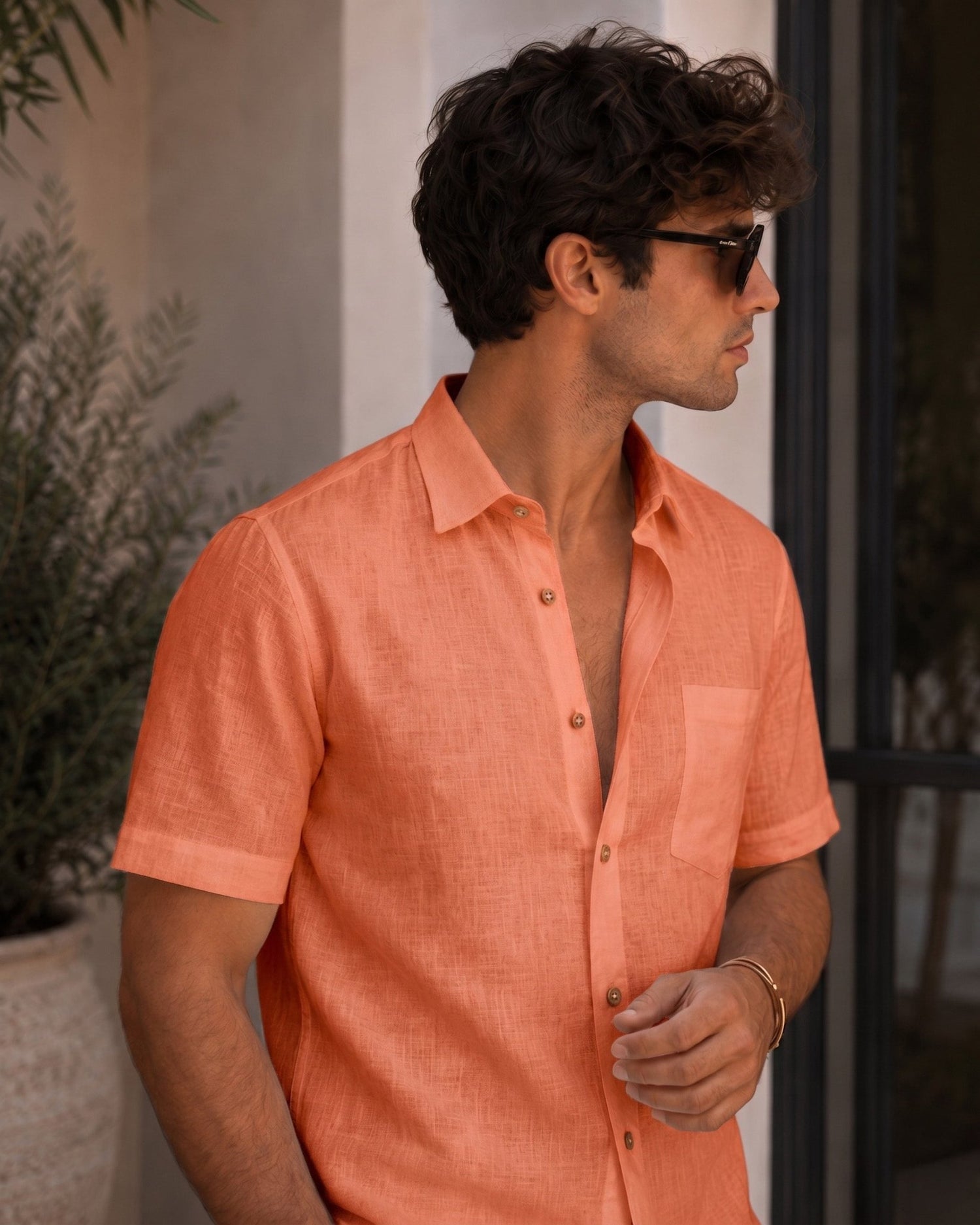 Light Orange Color Linen Formal Half Sleeves Shirt For Men - Punekar Cotton