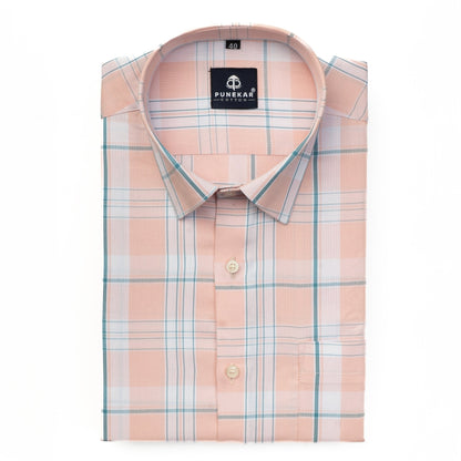 Light Pink Color Tartan Checks Cotton Causal Shirt For Men - Punekar Cotton