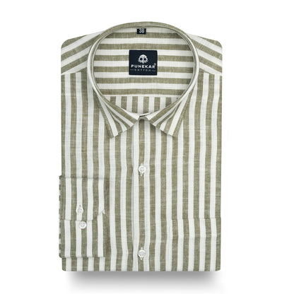 Mehndi Vertical Stripes Cotton Linen Shirt for Men