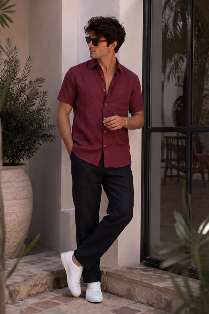 Maroon Color Linen Formal Half Sleeves Shirt For Men - Punekar Cotton