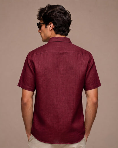 Maroon Color Linen Formal Half Sleeves Shirt For Men - Punekar Cotton