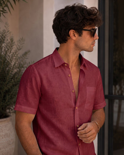 Maroon Color Linen Formal Half Sleeves Shirt For Men - Punekar Cotton