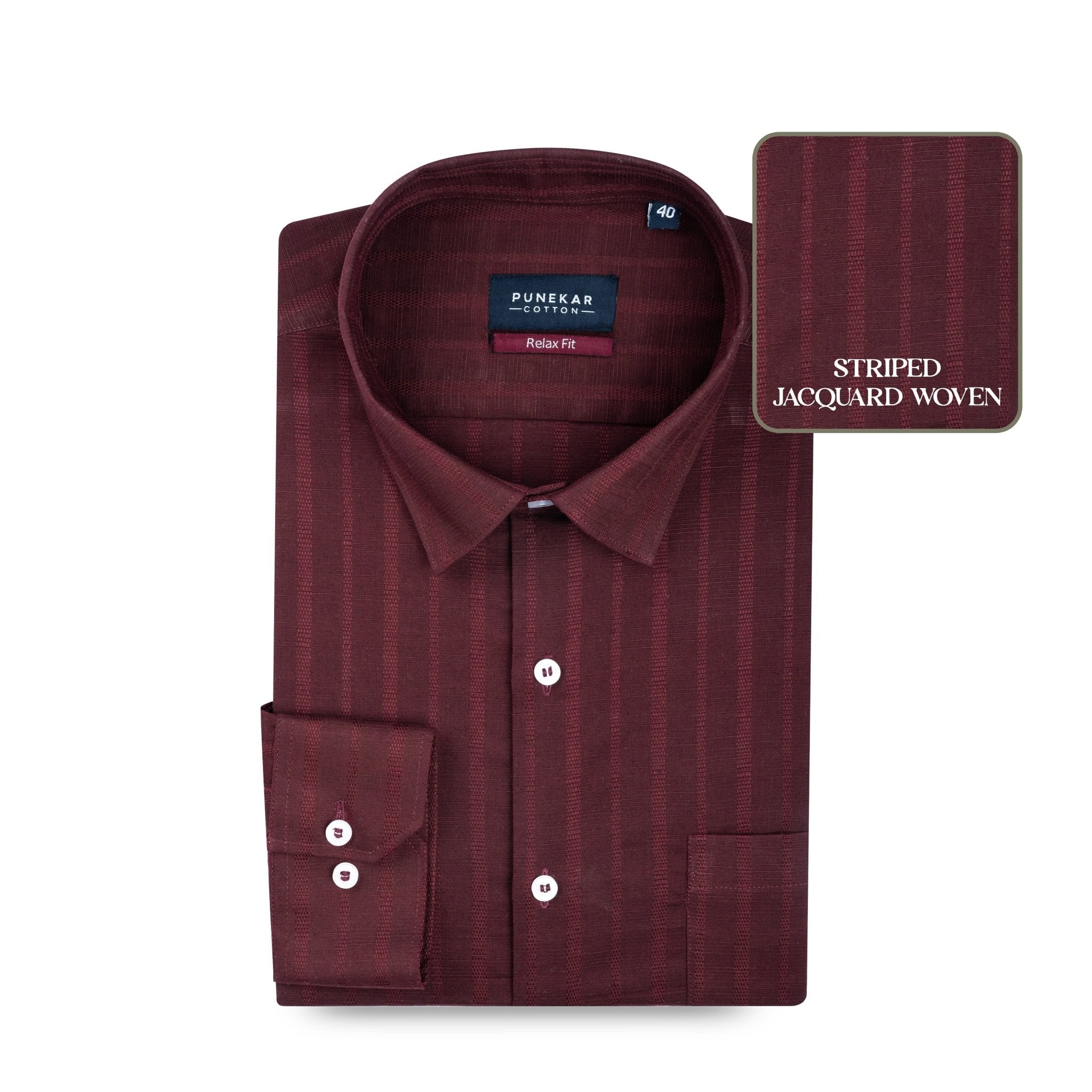 Maroon Colour Vertical Stripe Textured Jacquard Shirt for Men - Punekar Cotton