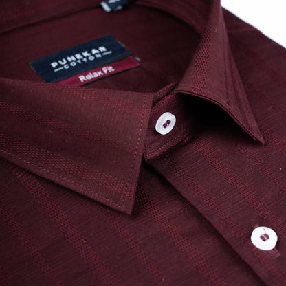 Maroon Colour Vertical Stripe Textured Jacquard Shirt for Men - Punekar Cotton