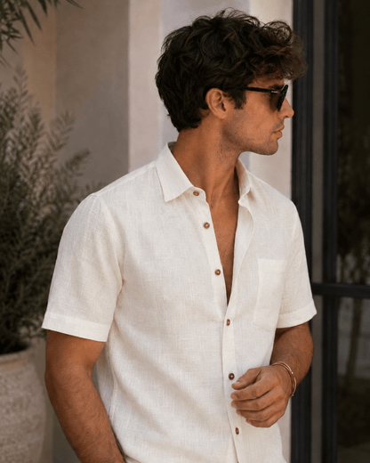 Milky White Color Linen Formal Half Sleeves Shirt For Men - Punekar Cotton