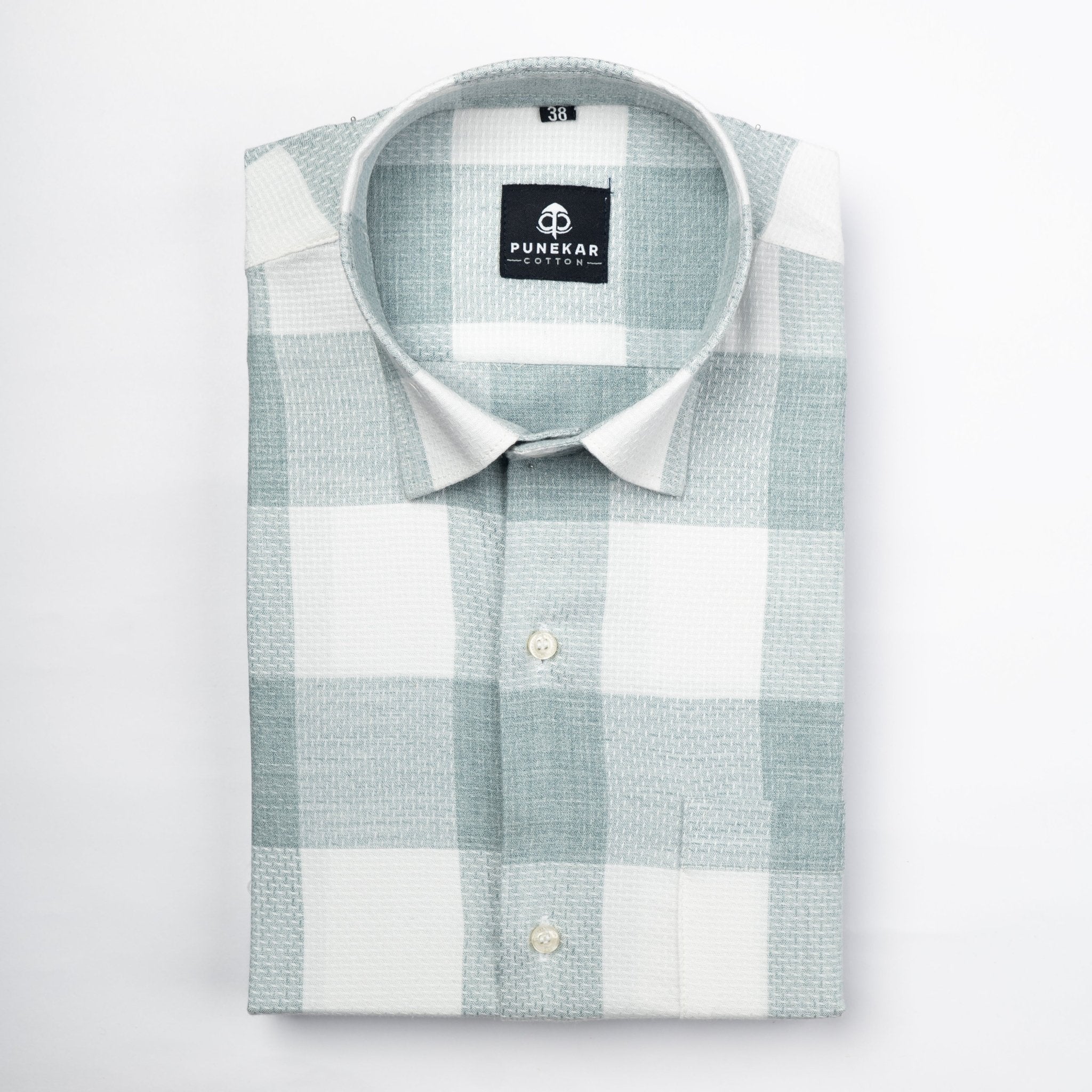 Mint Green Color Checks Pure Cotton Shirt For Men - Punekar Cotton