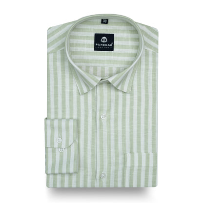 Mint Green Vertical Stripes Cotton Linen Shirt for Men - Punekar Cotton