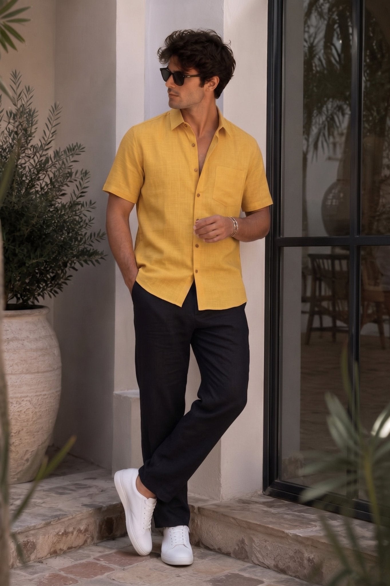 Mustard Yellow Color Linen Formal Half Sleeves Shirt For Men - Punekar Cotton