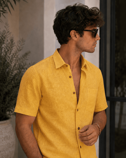 Mustard Yellow Color Linen Formal Half Sleeves Shirt For Men - Punekar Cotton