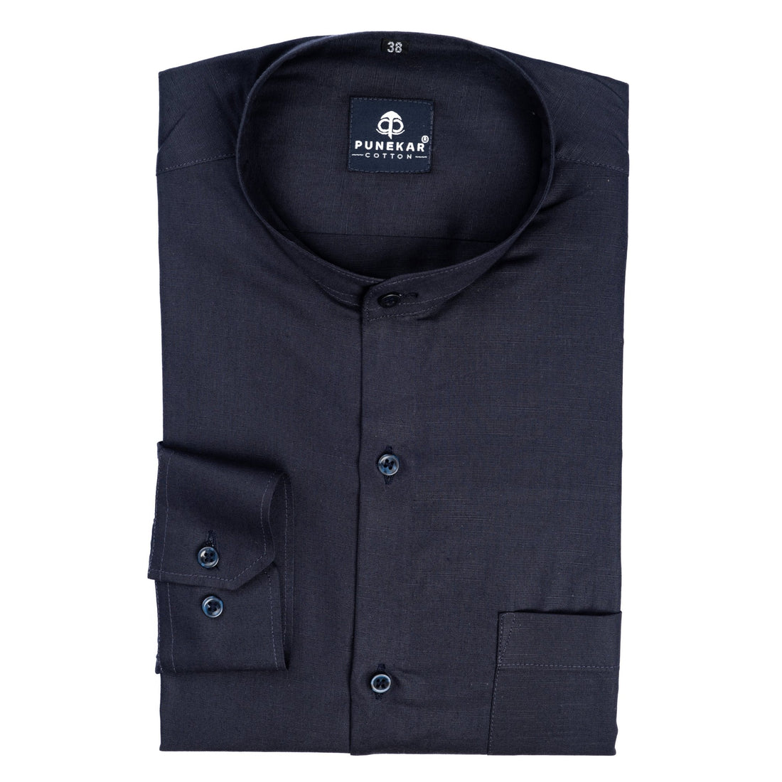 Navy Blue Color Band Collar Solid Shirt For Men - Punekar Cotton