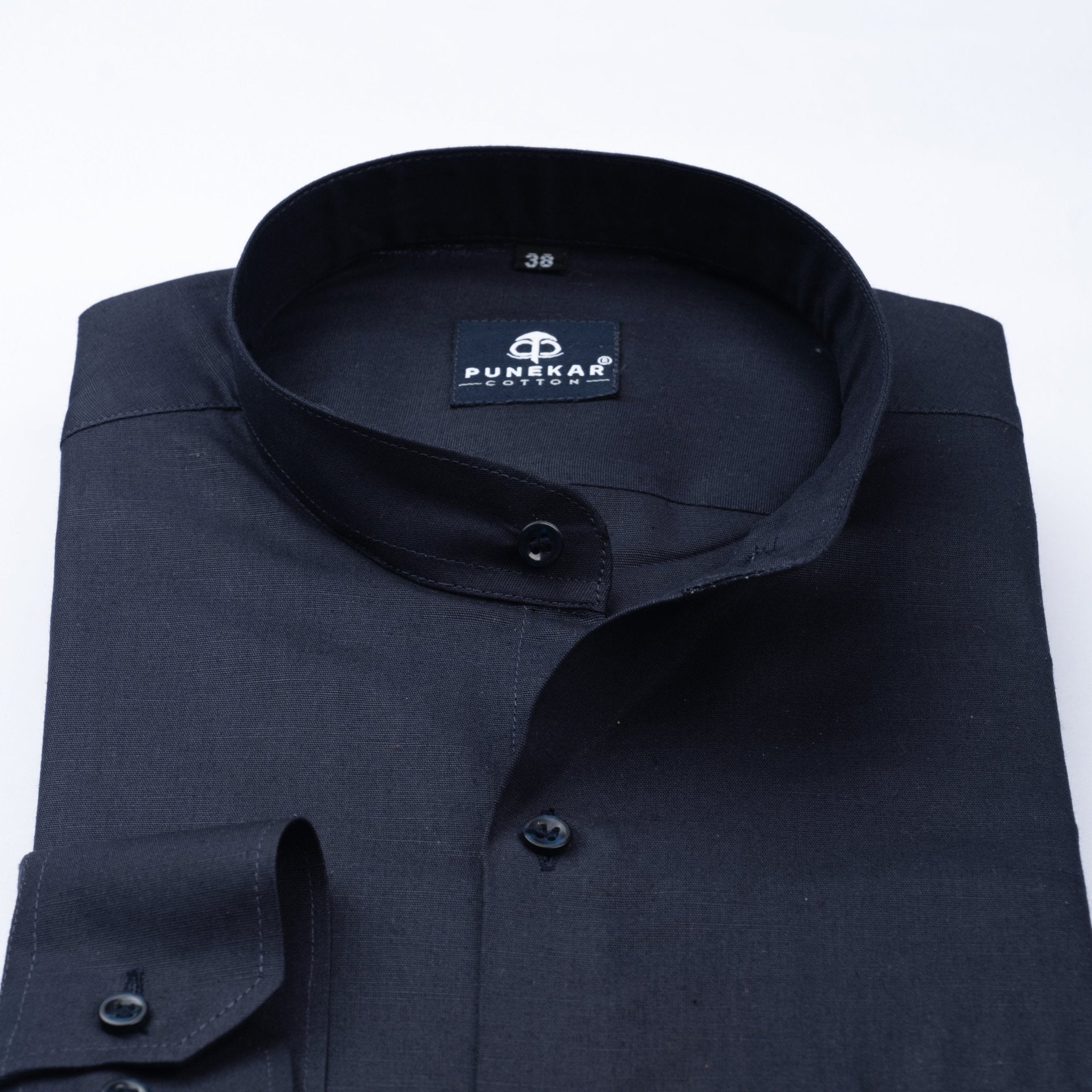 Navy Blue Color Band Collar Solid Shirt For Men - Punekar Cotton