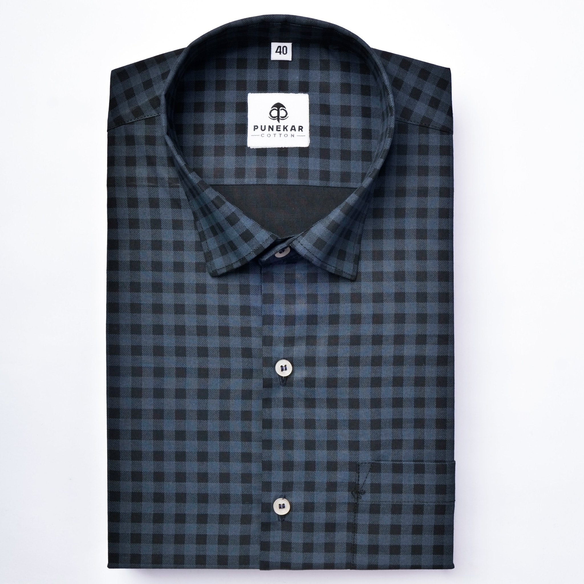 Navy Blue Color Buffalo Checks Cotton Shirt For Men - Punekar Cotton