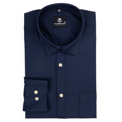 Navy Blue Color Cotton Linen Shirt For Men - Punekar Cotton