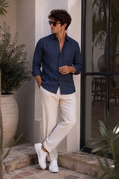 Navy Blue Color Linen Formal Half Sleeves Shirt For Men - Punekar Cotton