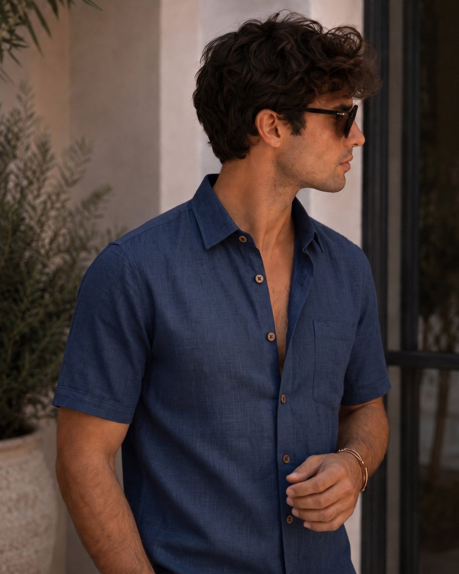 Navy Blue Color Linen Formal Half Sleeves Shirt For Men - Punekar Cotton