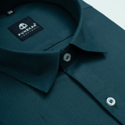 Peacock Blue Softweave Cotton Tencel Textured Shirt For Men