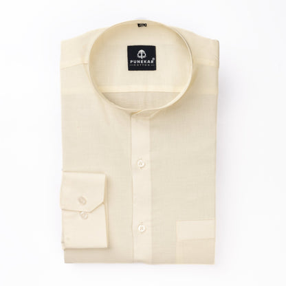 Off White Color Band Collar Solid Shirt For Men - Punekar Cotton