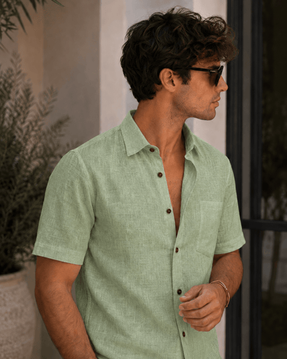 Olive Green Color Linen Formal Half Sleeves Shirt For Men - Punekar Cotton
