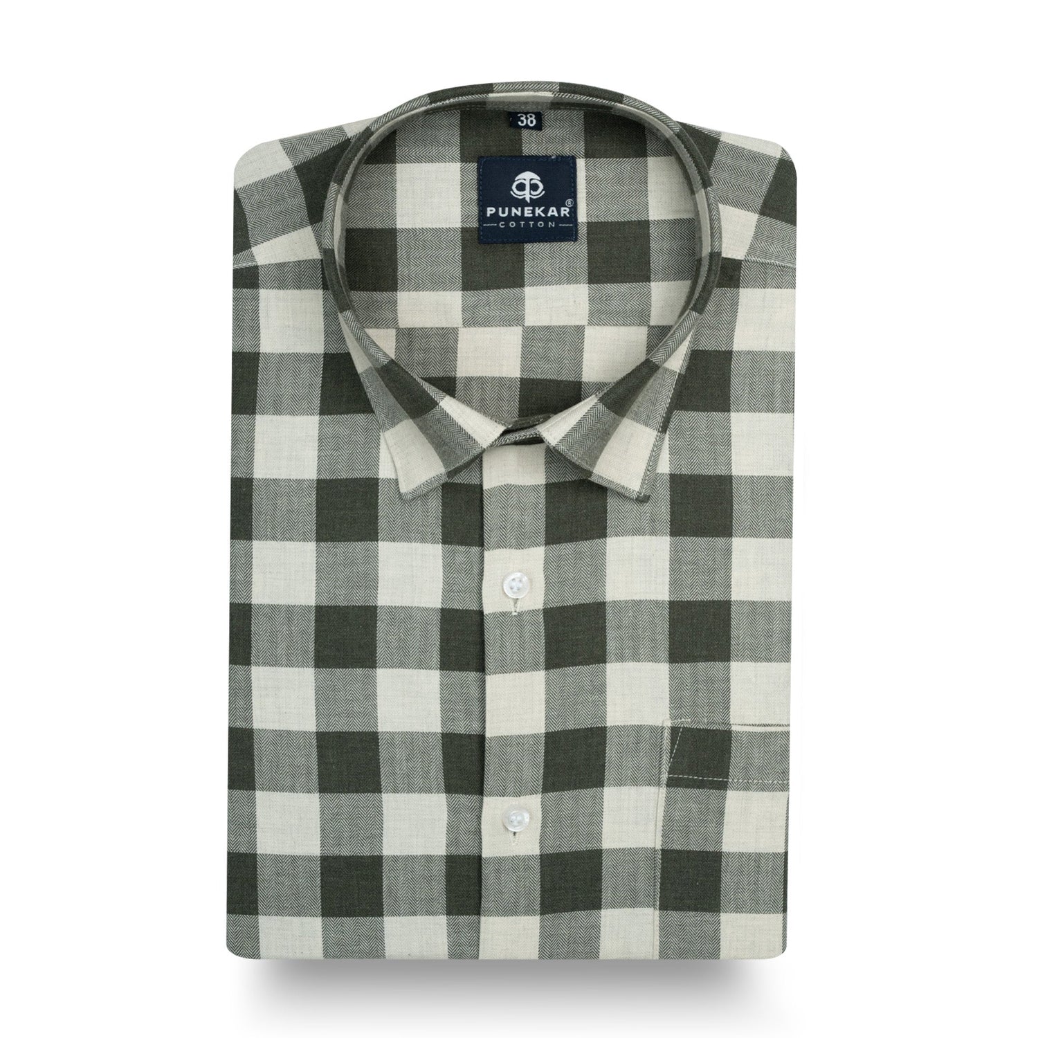Olive Green Heritage Herringbone Checks Cotton Shirt for Men - Punekar Cotton