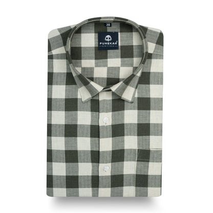 Olive Green Heritage Herringbone Checks Cotton Shirt for Men - Punekar Cotton