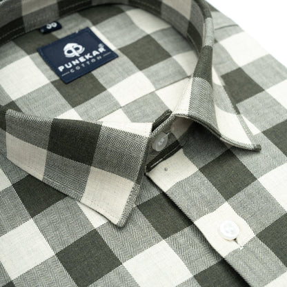 Olive Green Heritage Herringbone Checks Cotton Shirt for Men - Punekar Cotton