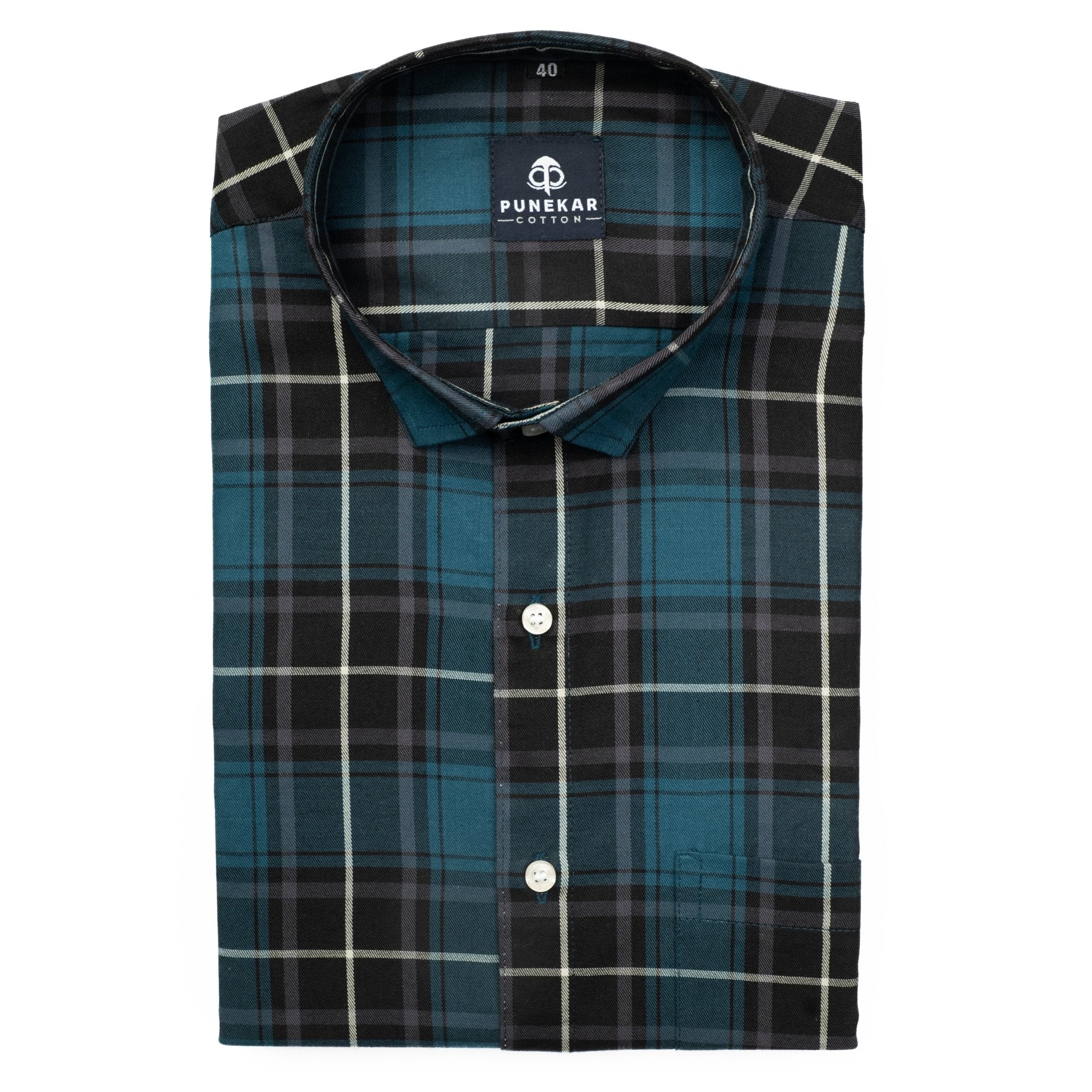 Peacock Blue Color Checks Cotton Causal Shirt For Men - Punekar Cotton