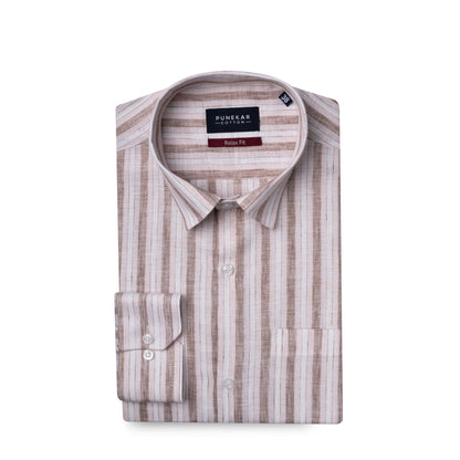 Pink &amp; Brown Colour Vertical Cotton Blend Striped Shirt For Men - Punekar Cotton