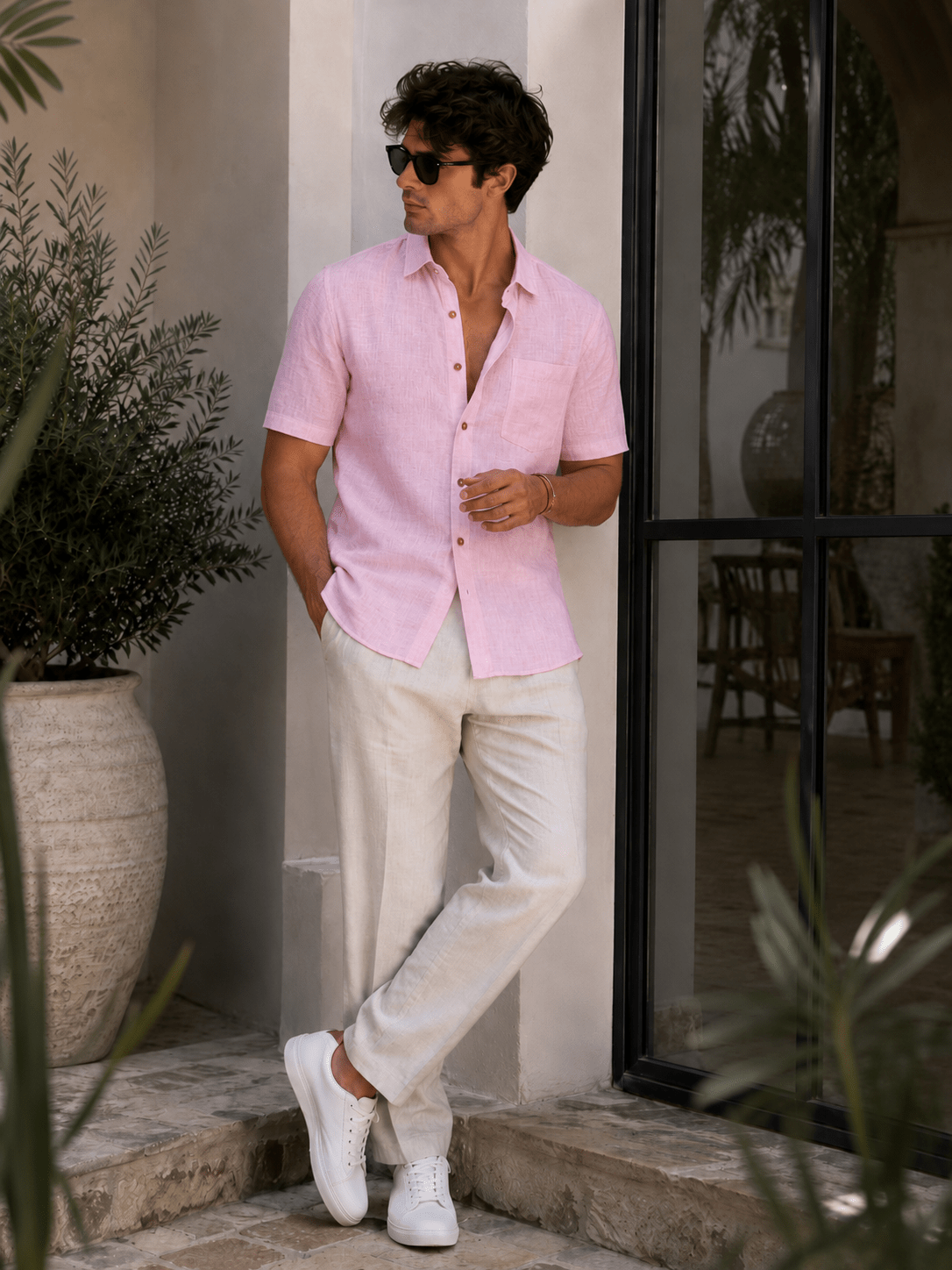 Pink Color Linen Formal Half Sleeves Shirts For Men - Punekar Cotton