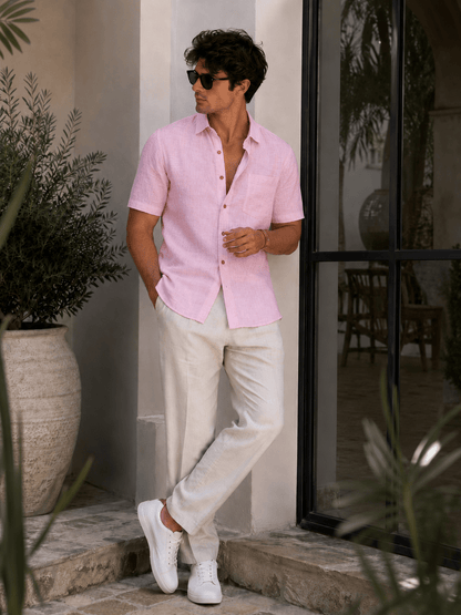 Pink Color Linen Formal Half Sleeves Shirts For Men - Punekar Cotton