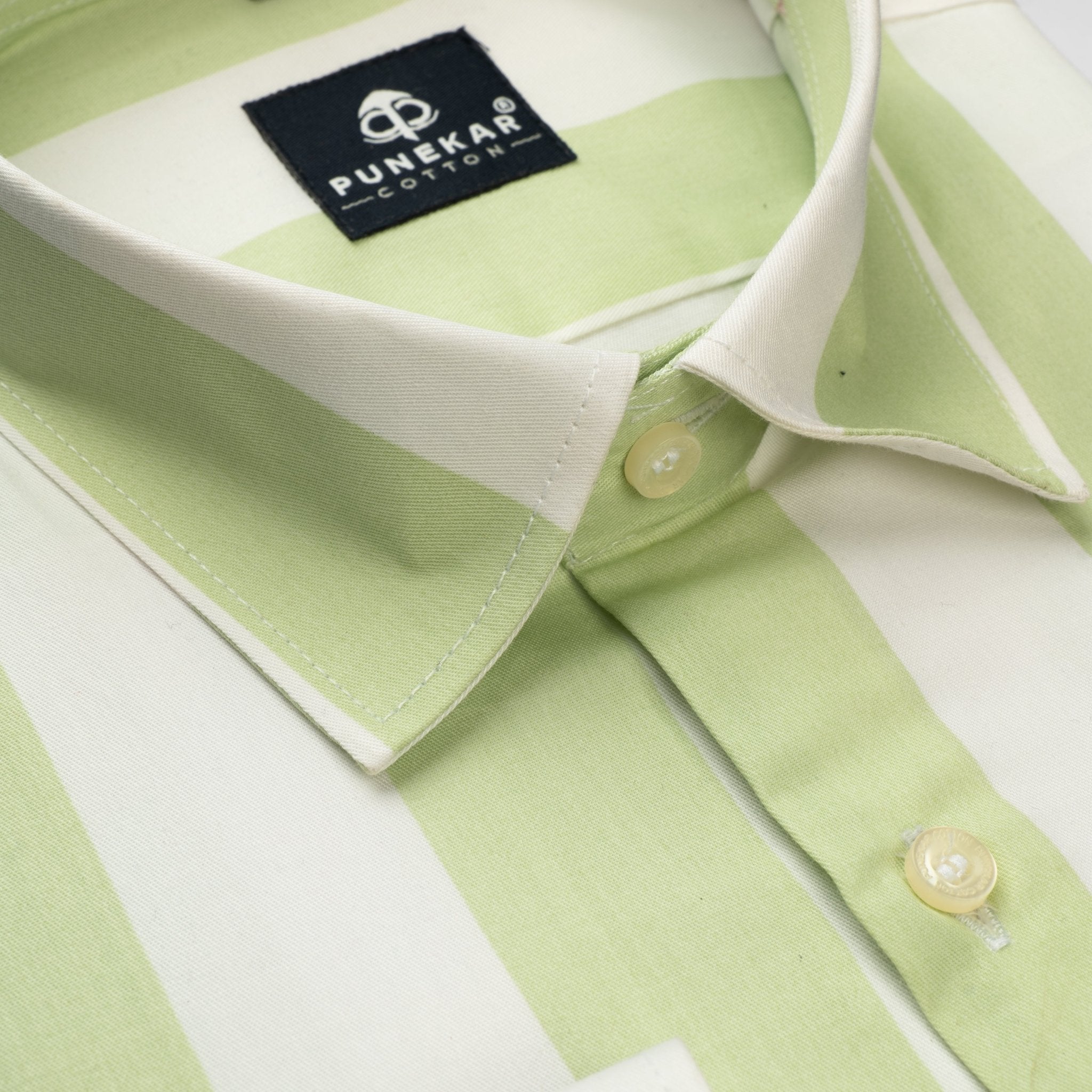 Pista Green Color Stripe Shirt For Men - Punekar Cotton