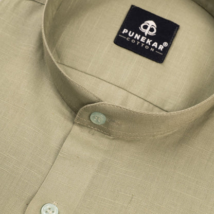 Sage Green Color Band Collar Solid Shirt For Men - Punekar Cotton