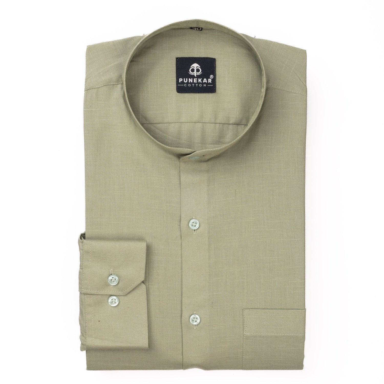 Sage Green Color Band Collar Solid Shirt For Men - Punekar Cotton