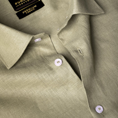 Sage Khaki Color 60Lea Pure Linen Shirt For Men - Punekar Cotton