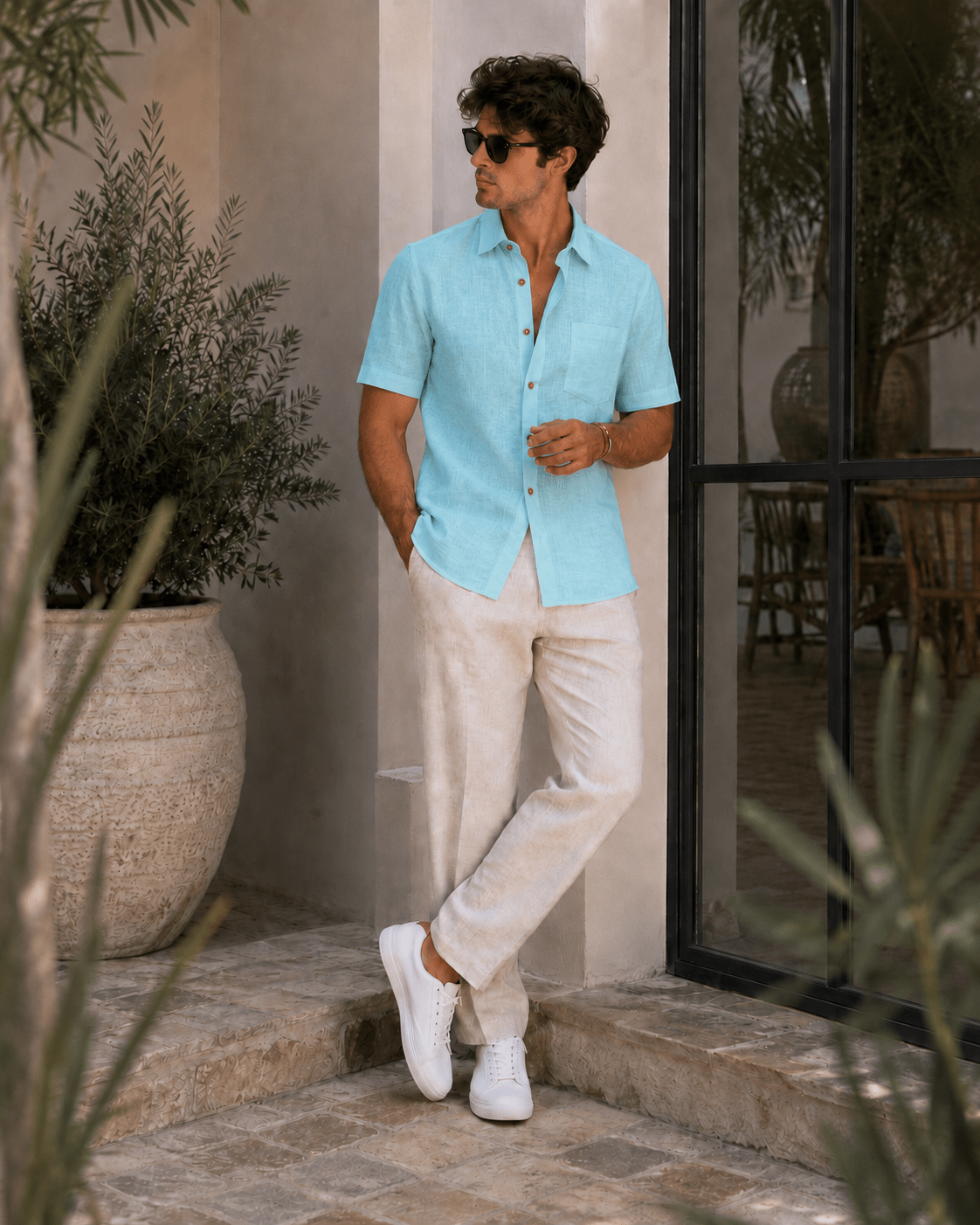 Sky Blue Color Linen Formal Half Sleeves Shirt For Men - Punekar Cotton