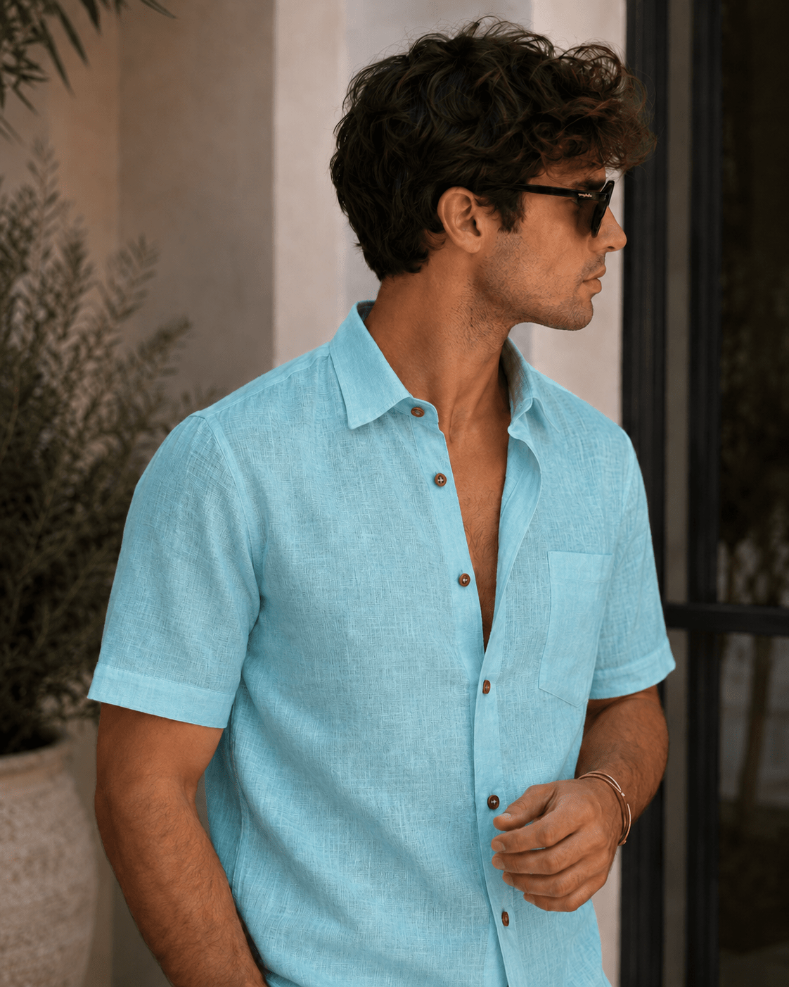 Sky Blue Color Linen Formal Half Sleeves Shirt For Men - Punekar Cotton
