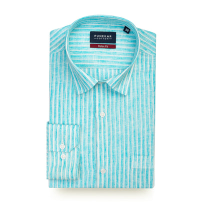 Sky Blue Striped Blend Cotton Shirt for Men - Punekar Cotton