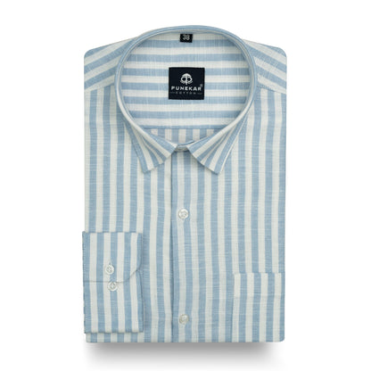 Sky Blue Vertical Stripes Cotton Linen Shirt for Men - Punekar Cotton